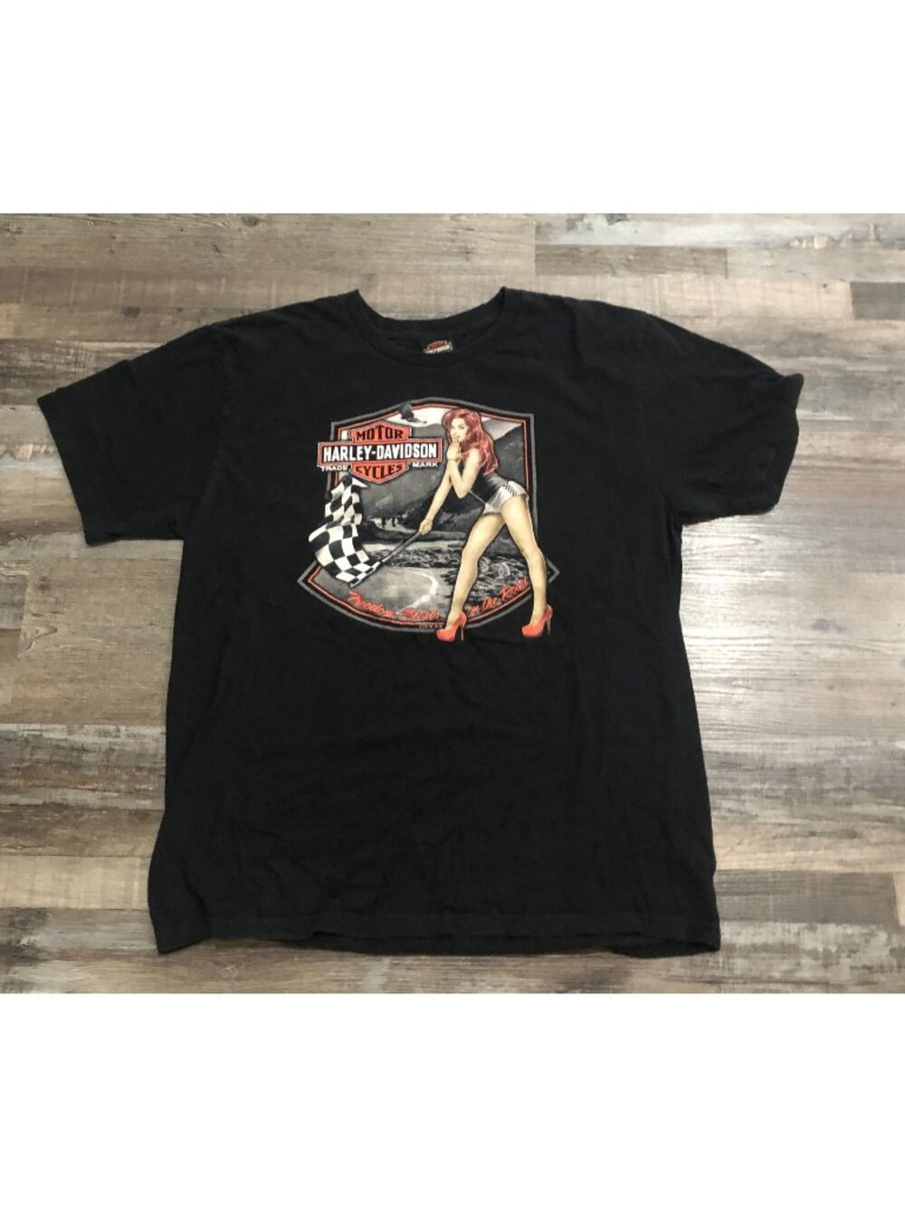 Harley Davidson Mens XL Black Double Sided T Shirt with Flag Girl Graphic